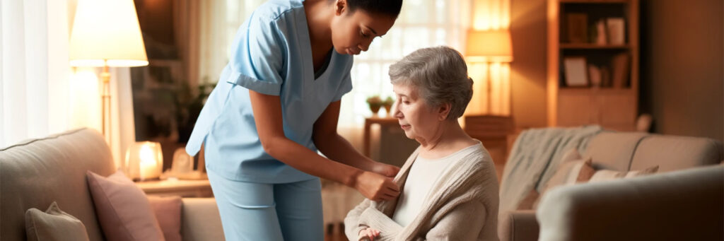 Compassionate caregiver assisting elderly woman to dress